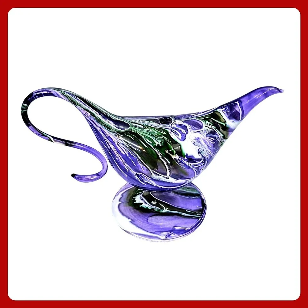 Artisan Genie Lamp Glass Purple Green Swirl Hand Blown Art Decor New Oil Lantern